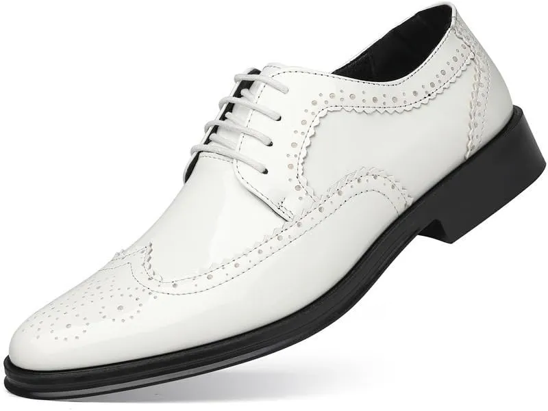 Men's Patent Leather Oxford Brogues -Formal Pointed Lace-Up Dress Shoes for Business & Tuxedo