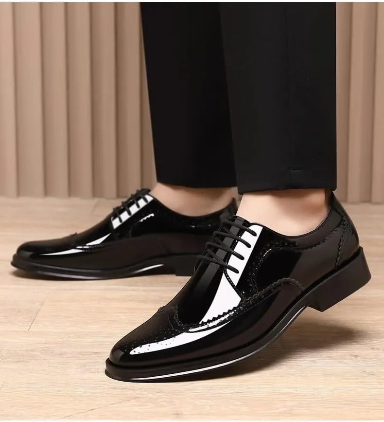 Men's Patent Leather Oxford Brogues -Formal Pointed Lace-Up Dress Shoes for Business & Tuxedo