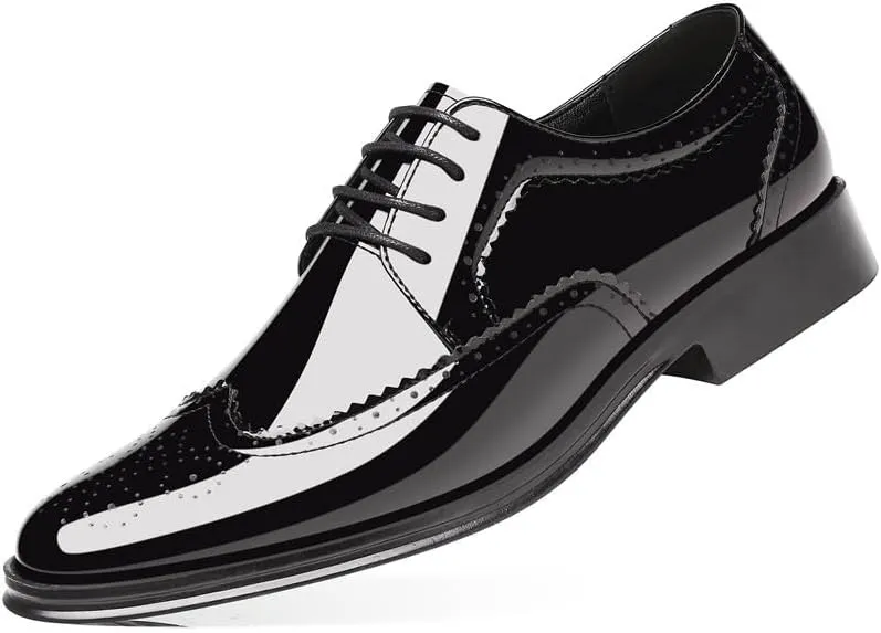 Men's Patent Leather Oxford Brogues -Formal Pointed Lace-Up Dress Shoes for Business & Tuxedo