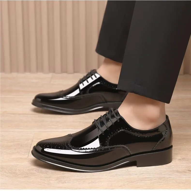 Men's Patent Leather Oxford Brogues -Formal Pointed Lace-Up Dress Shoes for Business & Tuxedo