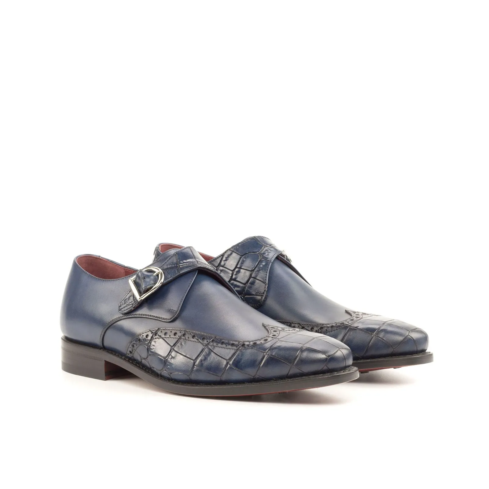 Men's Single Monk Leather Shoes Goodyear Welt Wide Plus Size Blue Navy 4806