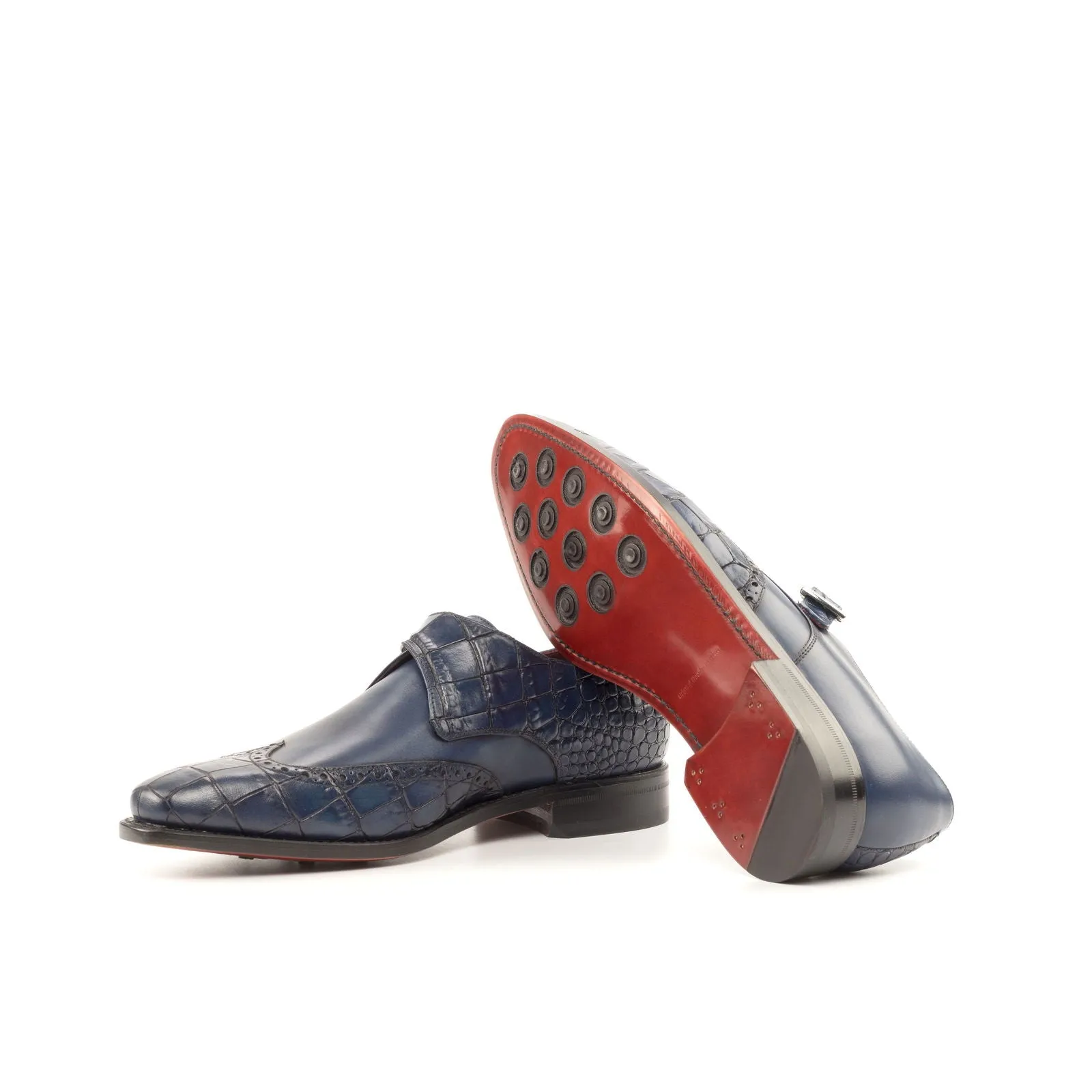 Men's Single Monk Leather Shoes Goodyear Welt Wide Plus Size Blue Navy 4806