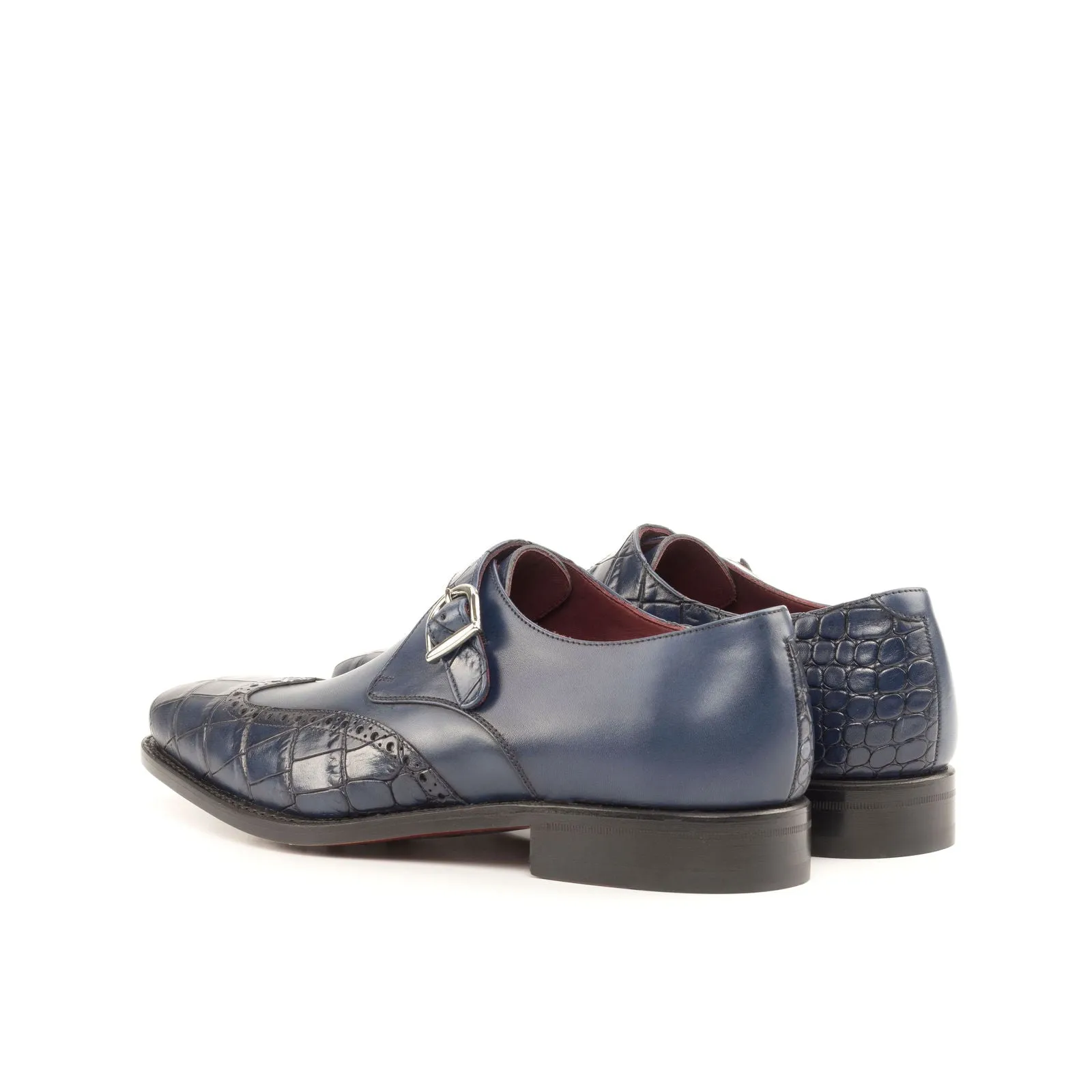 Men's Single Monk Leather Shoes Goodyear Welt Wide Plus Size Blue Navy 4806