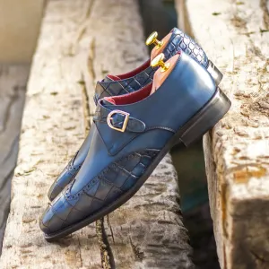 Men's Single Monk Leather Shoes Goodyear Welt Wide Plus Size Blue Navy 4806