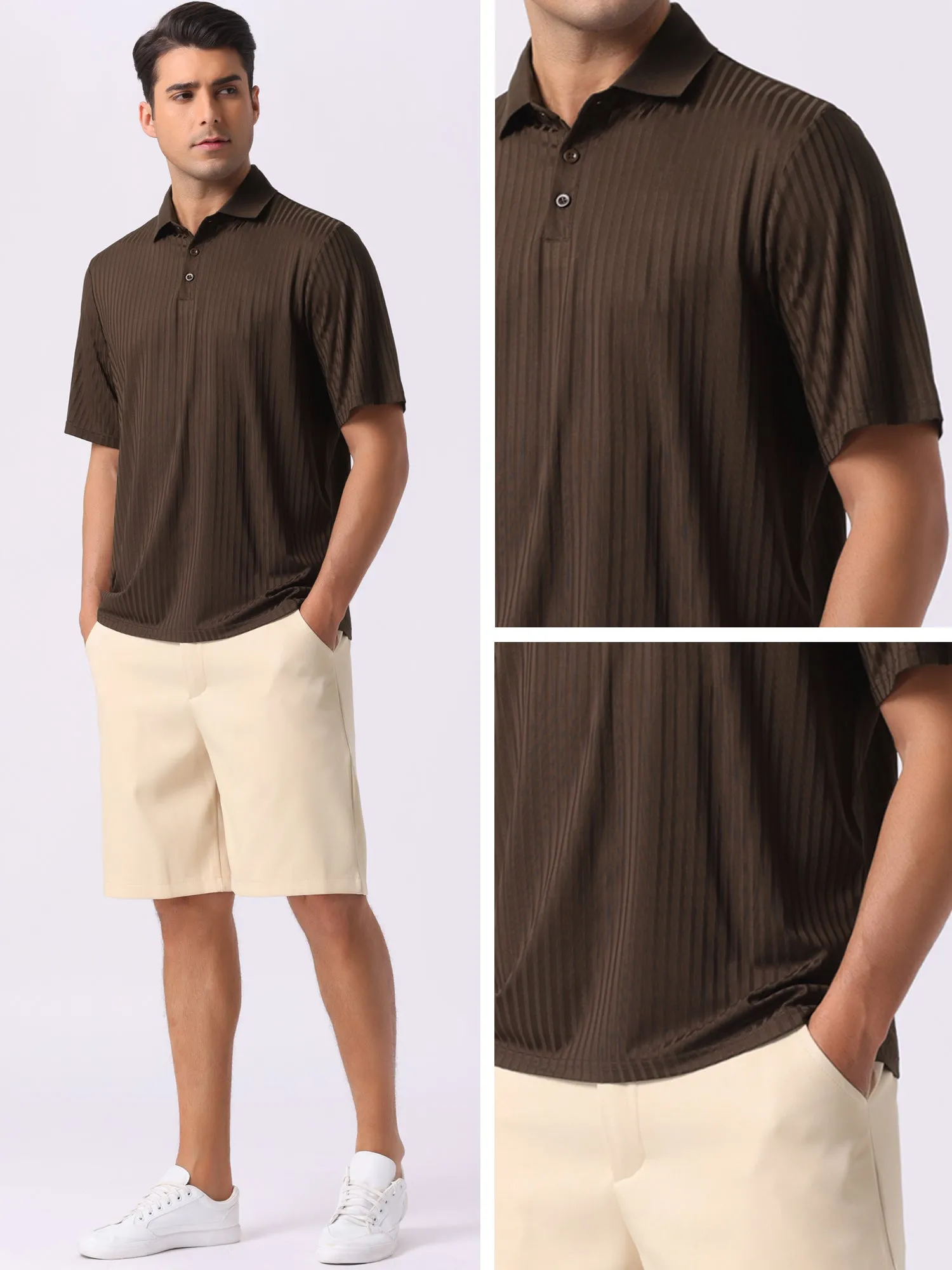 Men's Summer Casual Short Sleeve Solid Color Texture Knit Polo Shirts