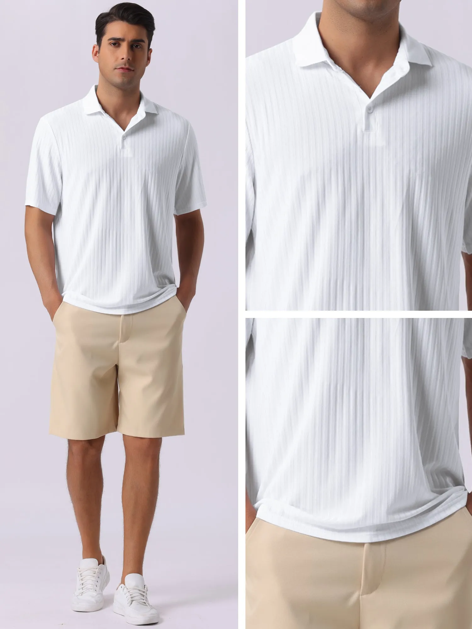 Men's Summer Casual Short Sleeve Solid Color Texture Knit Polo Shirts