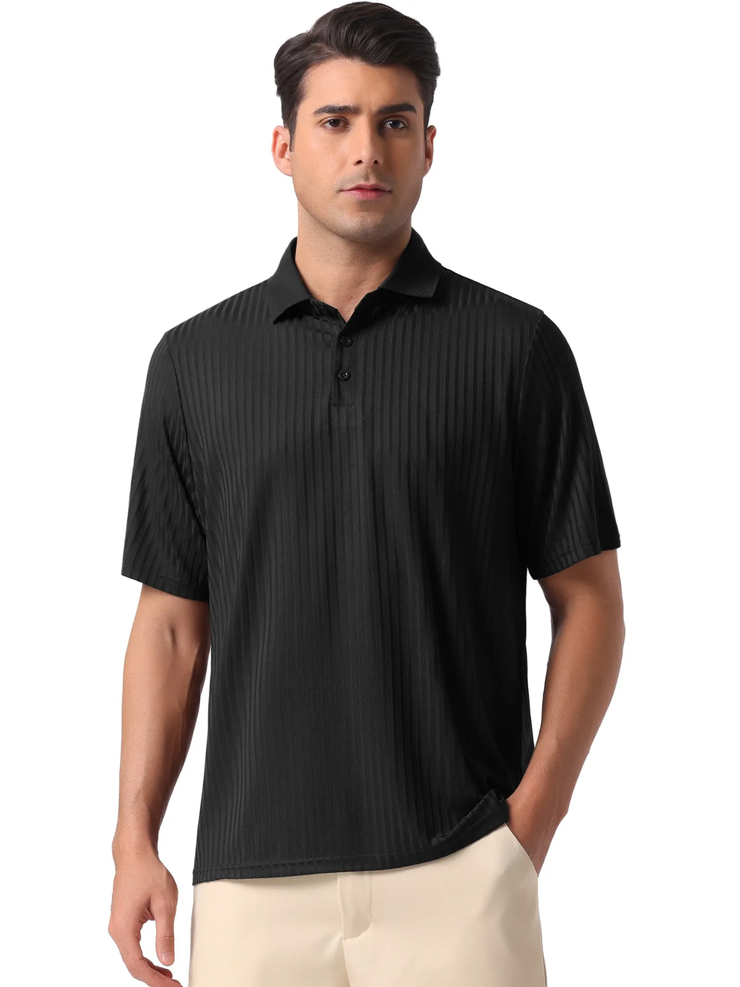 Men's Summer Casual Short Sleeve Solid Color Texture Knit Polo Shirts