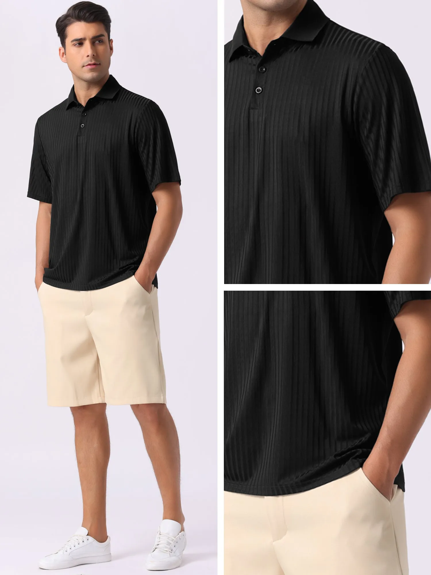 Men's Summer Casual Short Sleeve Solid Color Texture Knit Polo Shirts