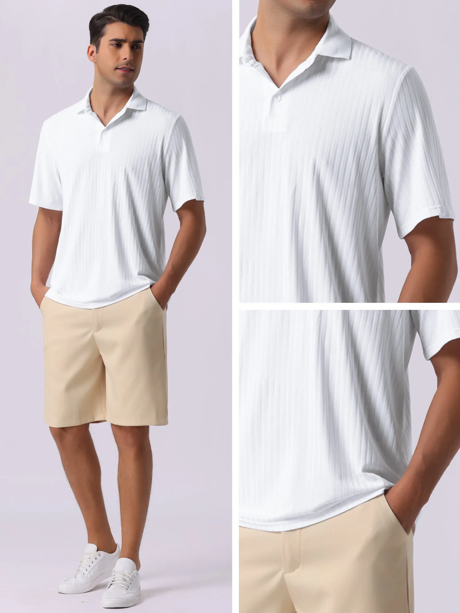 Men's Summer Casual Short Sleeve Solid Color Texture Knit Polo Shirts