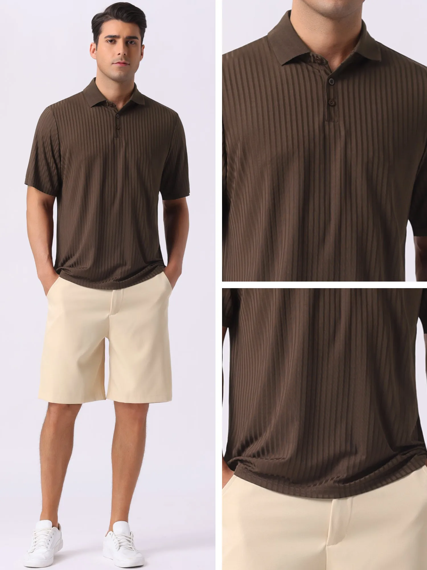Men's Summer Casual Short Sleeve Solid Color Texture Knit Polo Shirts