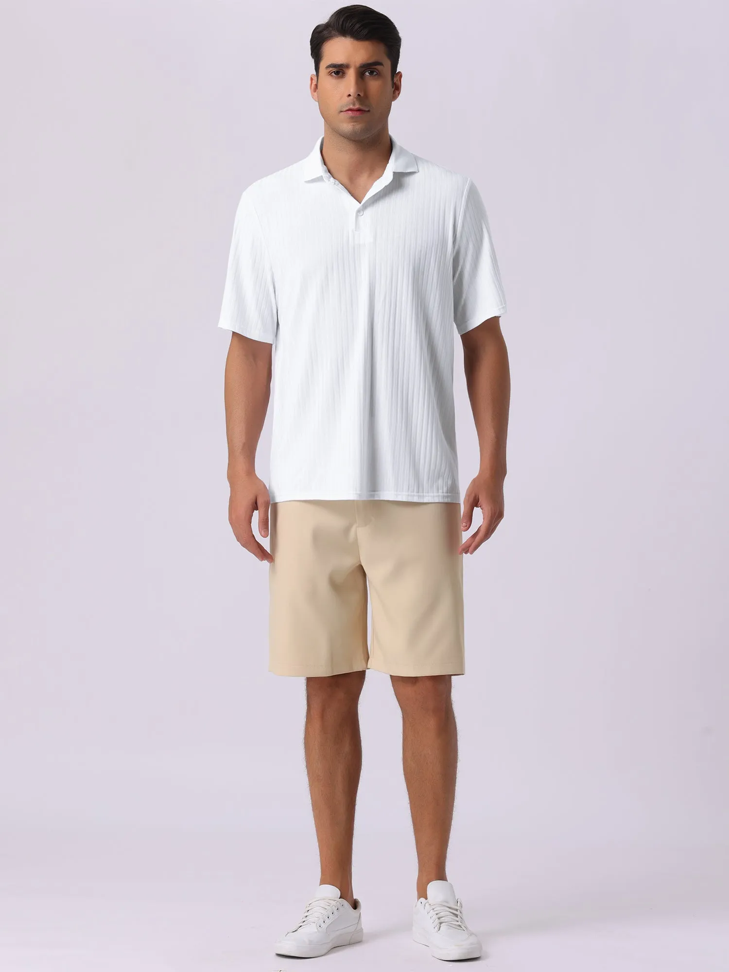 Men's Summer Casual Short Sleeve Solid Color Texture Knit Polo Shirts