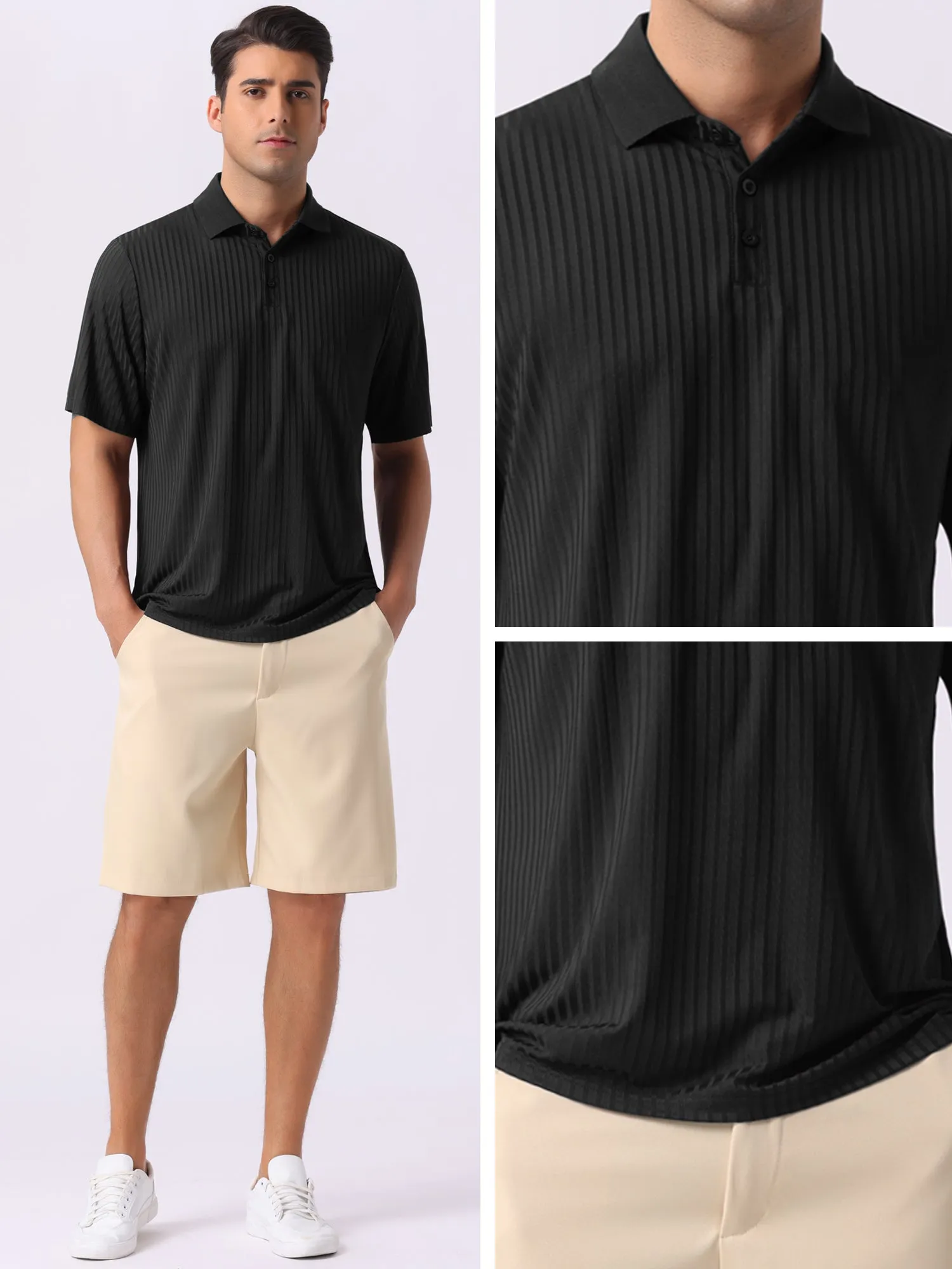 Men's Summer Casual Short Sleeve Solid Color Texture Knit Polo Shirts