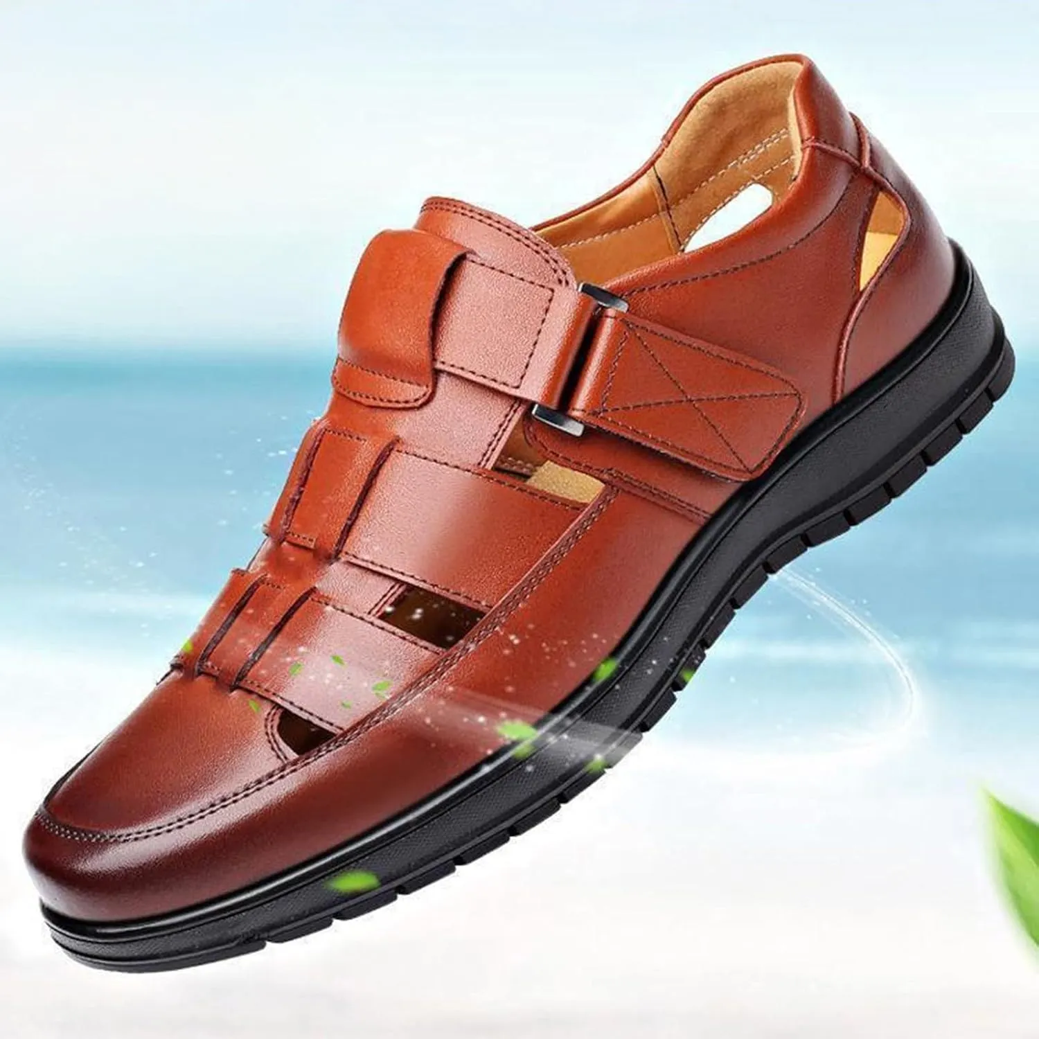 Men's Summer Working Business Leather Sandals Wide Width Slip On Walking Sandals Fisherman Dress Synthetic Office Breathable Oxfords