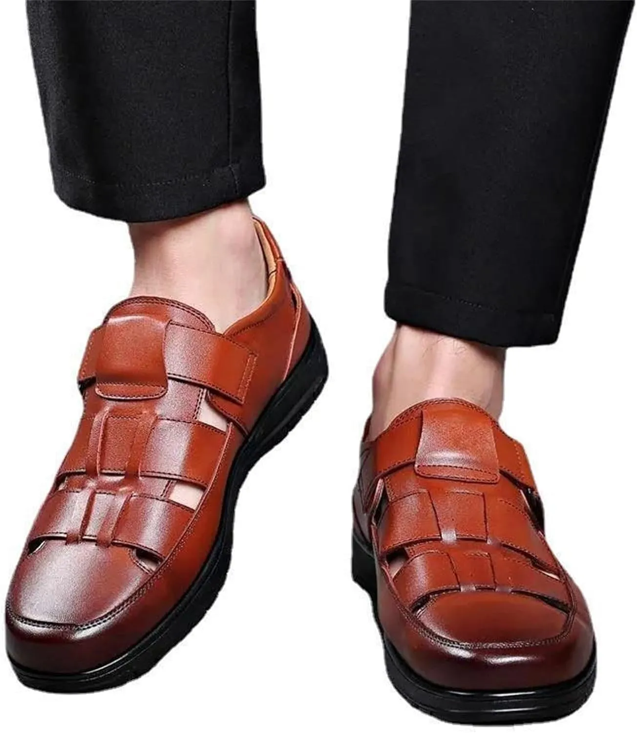 Men's Summer Working Business Leather Sandals Wide Width Slip On Walking Sandals Fisherman Dress Synthetic Office Breathable Oxfords