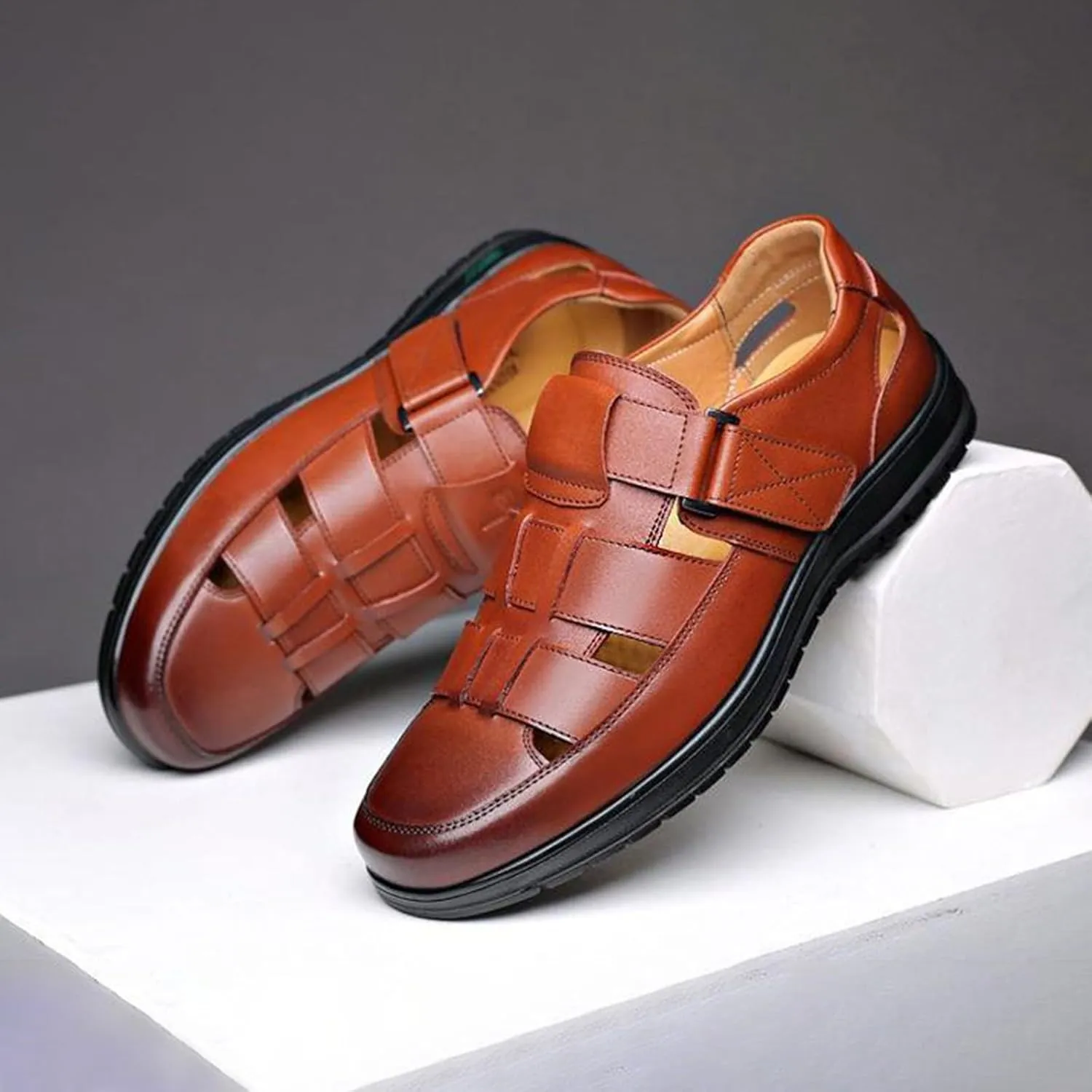 Men's Summer Working Business Leather Sandals Wide Width Slip On Walking Sandals Fisherman Dress Synthetic Office Breathable Oxfords