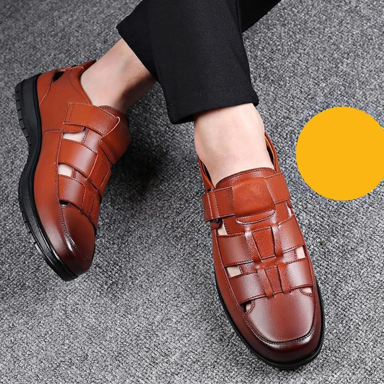 Men's Summer Working Business Leather Sandals Wide Width Slip On Walking Sandals Fisherman Dress Synthetic Office Breathable Oxfords