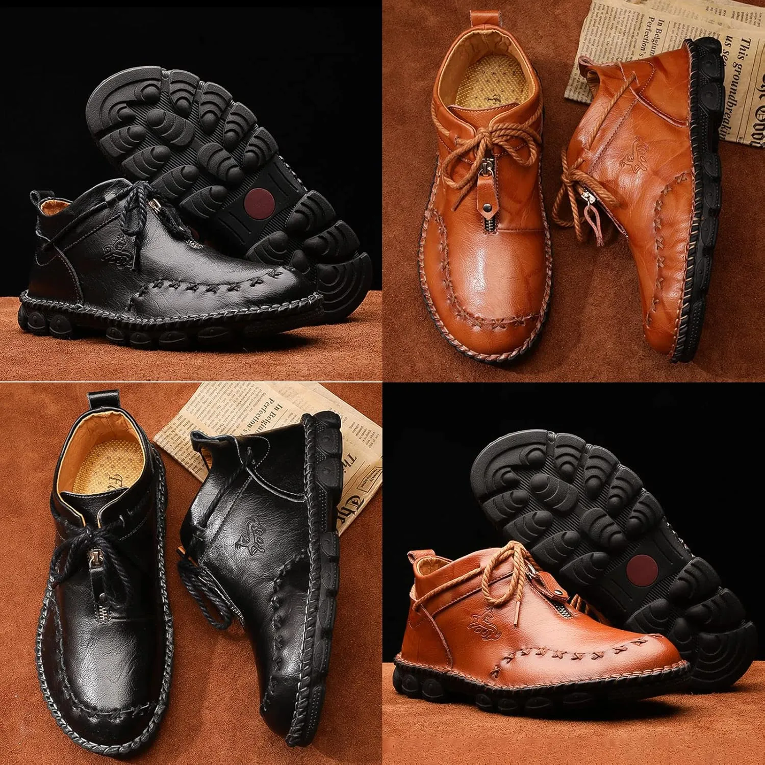 Men's Vintage Chukka Leather Boots,Mid-top Italian Hand-Stitching Non-slip Softsole Work Travel Casual Ankle Booties