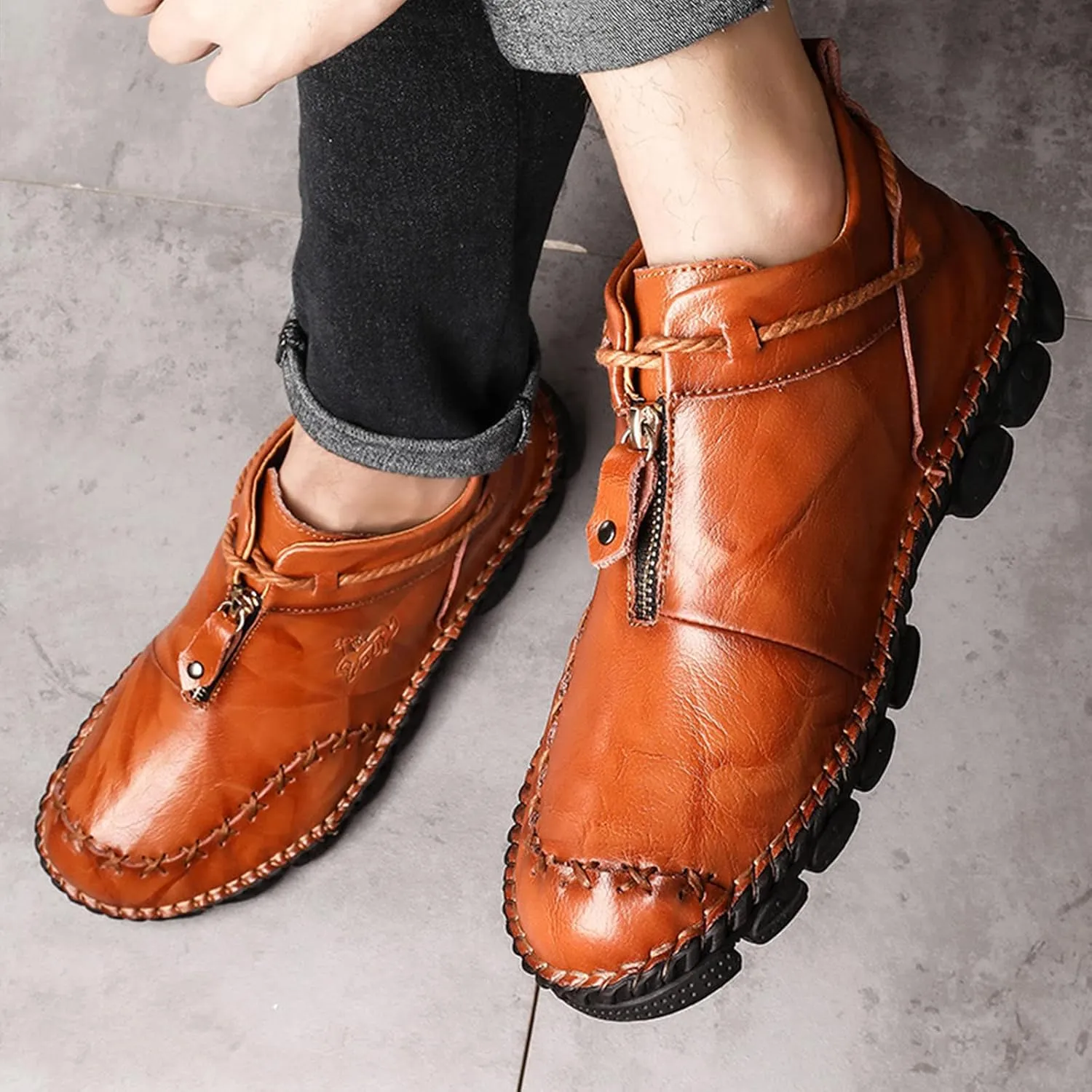 Men's Vintage Chukka Leather Boots,Mid-top Italian Hand-Stitching Non-slip Softsole Work Travel Casual Ankle Booties