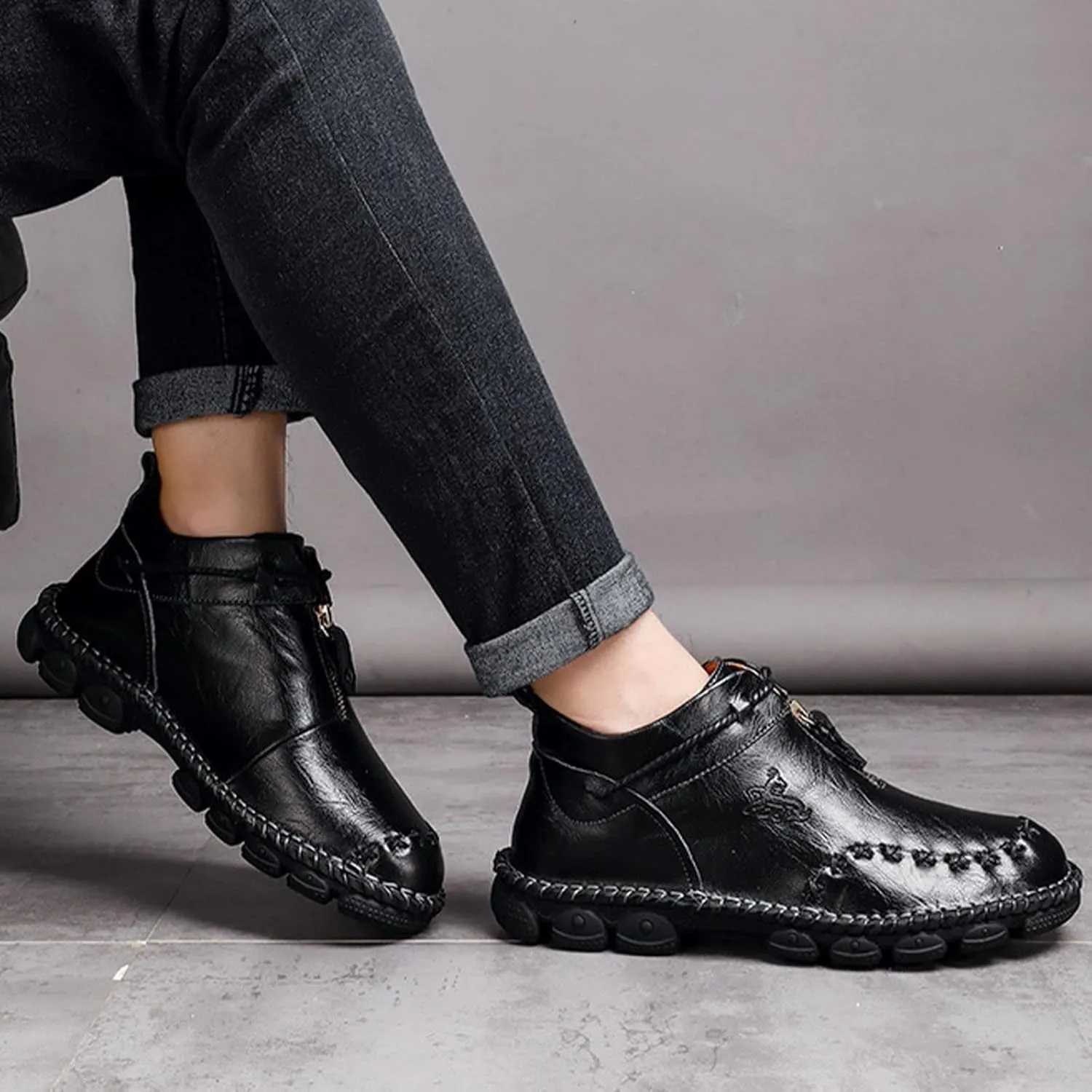 Men's Vintage Chukka Leather Boots,Mid-top Italian Hand-Stitching Non-slip Softsole Work Travel Casual Ankle Booties