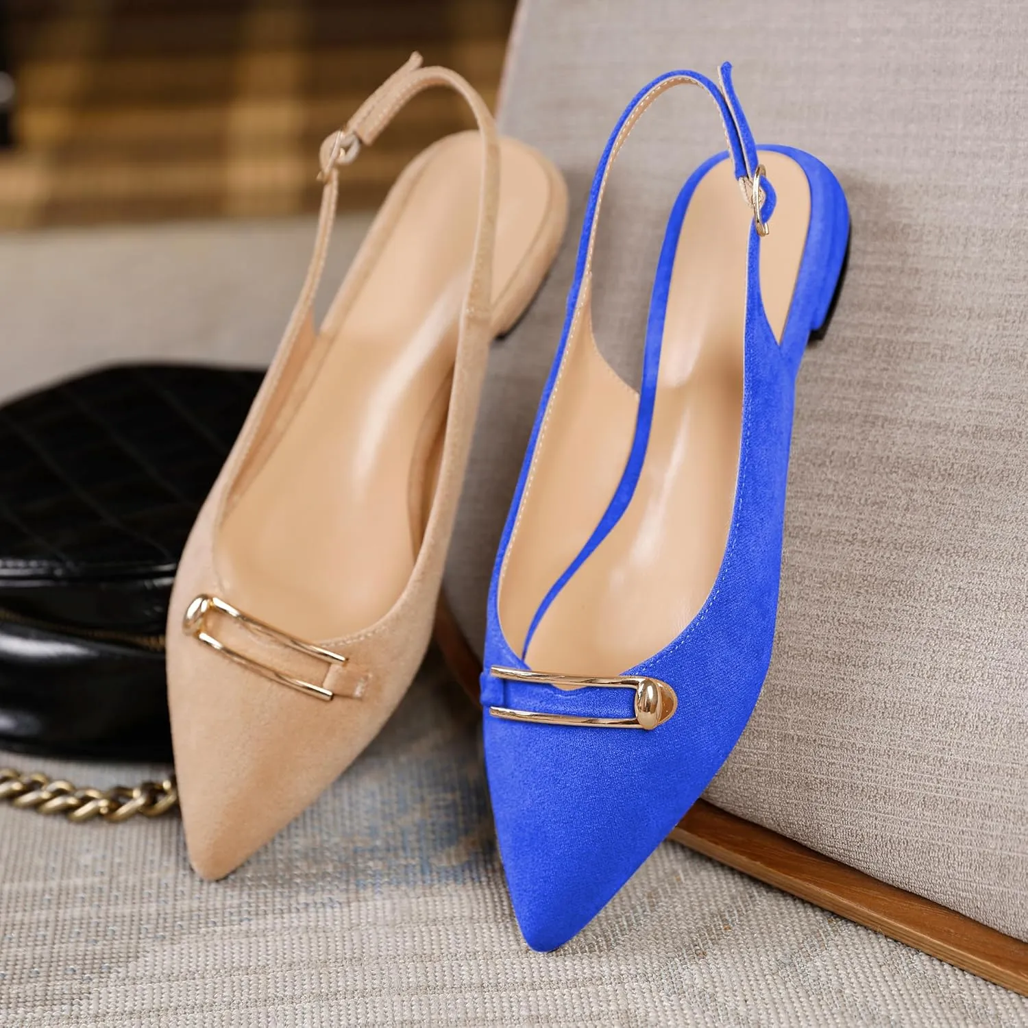 Mettesally Women's Flats Closed Pointed Toe Slingback Heels Comfortable Ballet Flat Low Heel Pumps Dress Shoes for Wedding Party Office