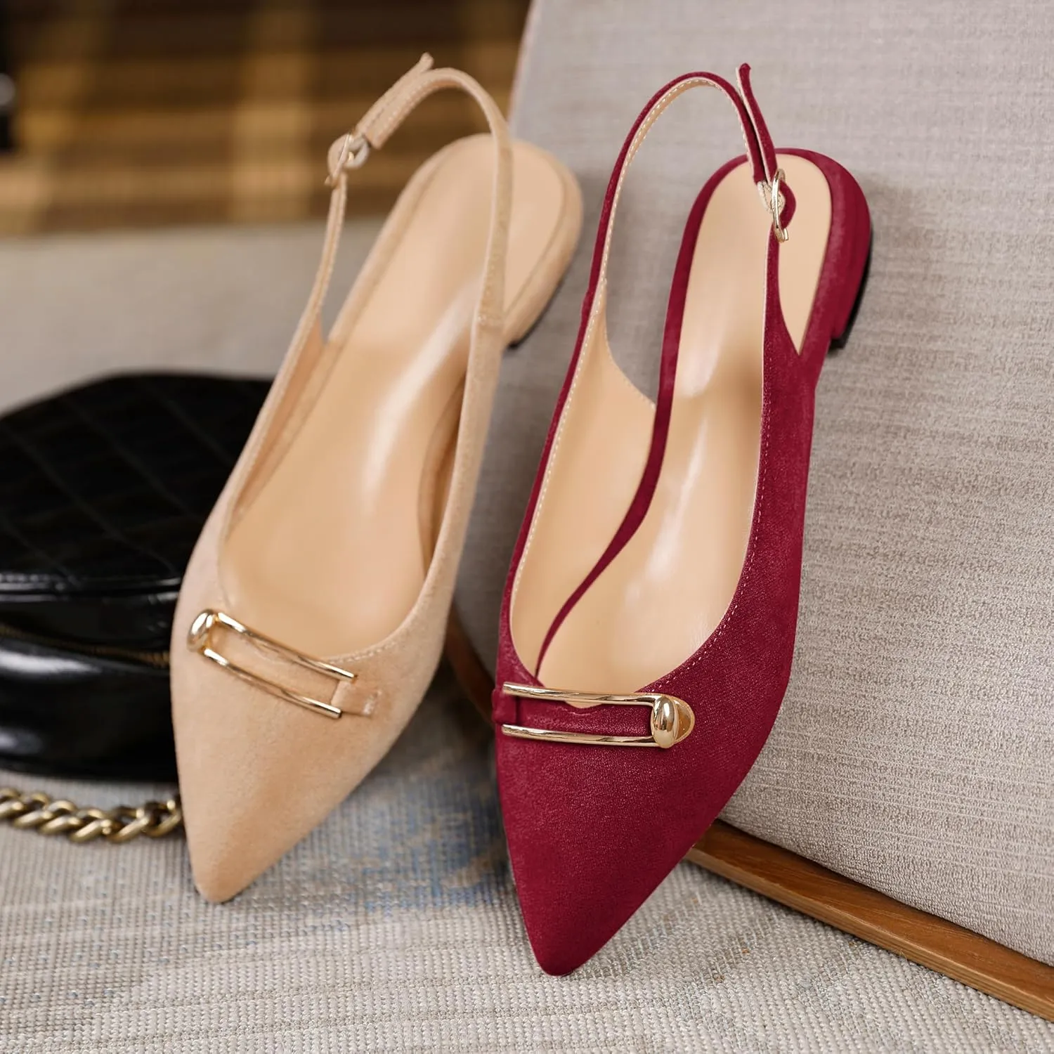 Mettesally Women's Flats Closed Pointed Toe Slingback Heels Comfortable Ballet Flat Low Heel Pumps Dress Shoes for Wedding Party Office