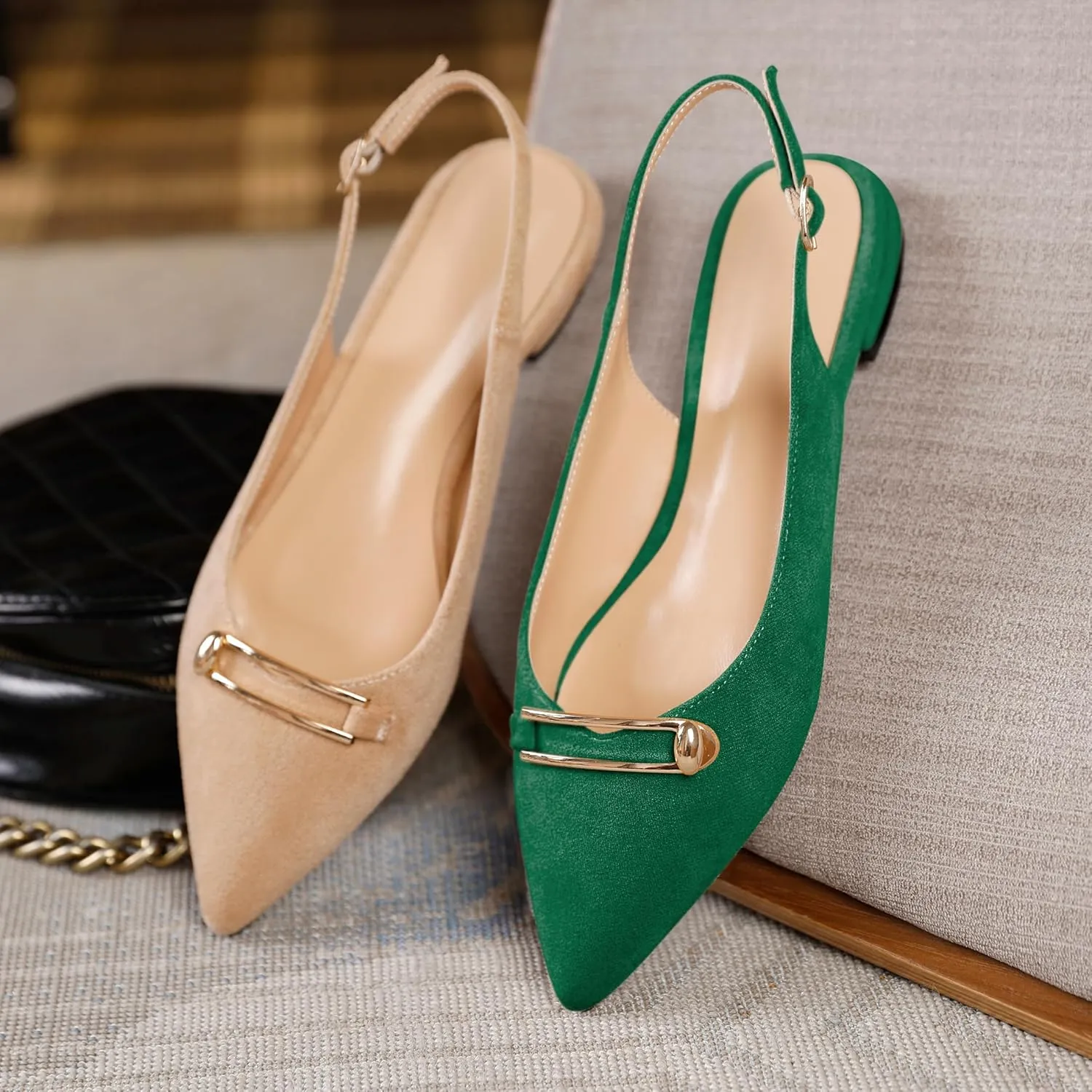 Mettesally Women's Flats Closed Pointed Toe Slingback Heels Comfortable Ballet Flat Low Heel Pumps Dress Shoes for Wedding Party Office