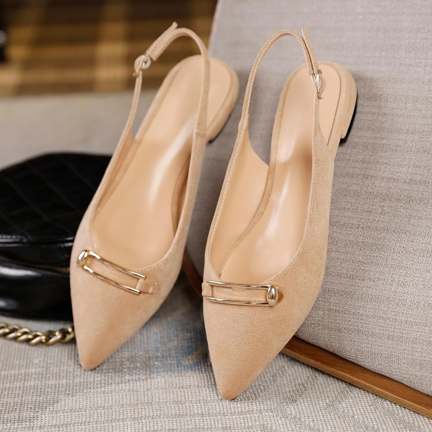 Mettesally Women's Flats Closed Pointed Toe Slingback Heels Comfortable Ballet Flat Low Heel Pumps Dress Shoes for Wedding Party Office