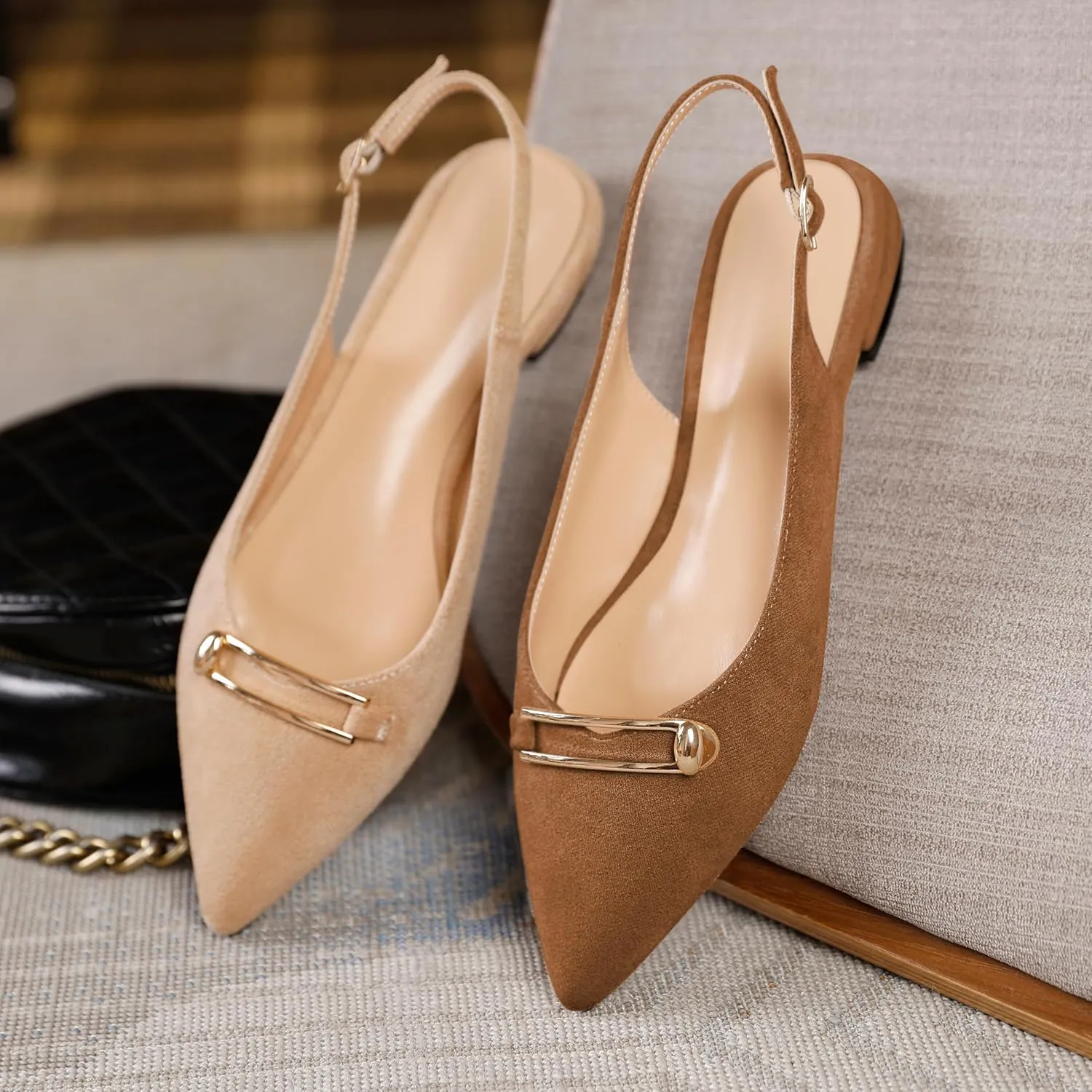 Mettesally Women's Flats Closed Pointed Toe Slingback Heels Comfortable Ballet Flat Low Heel Pumps Dress Shoes for Wedding Party Office