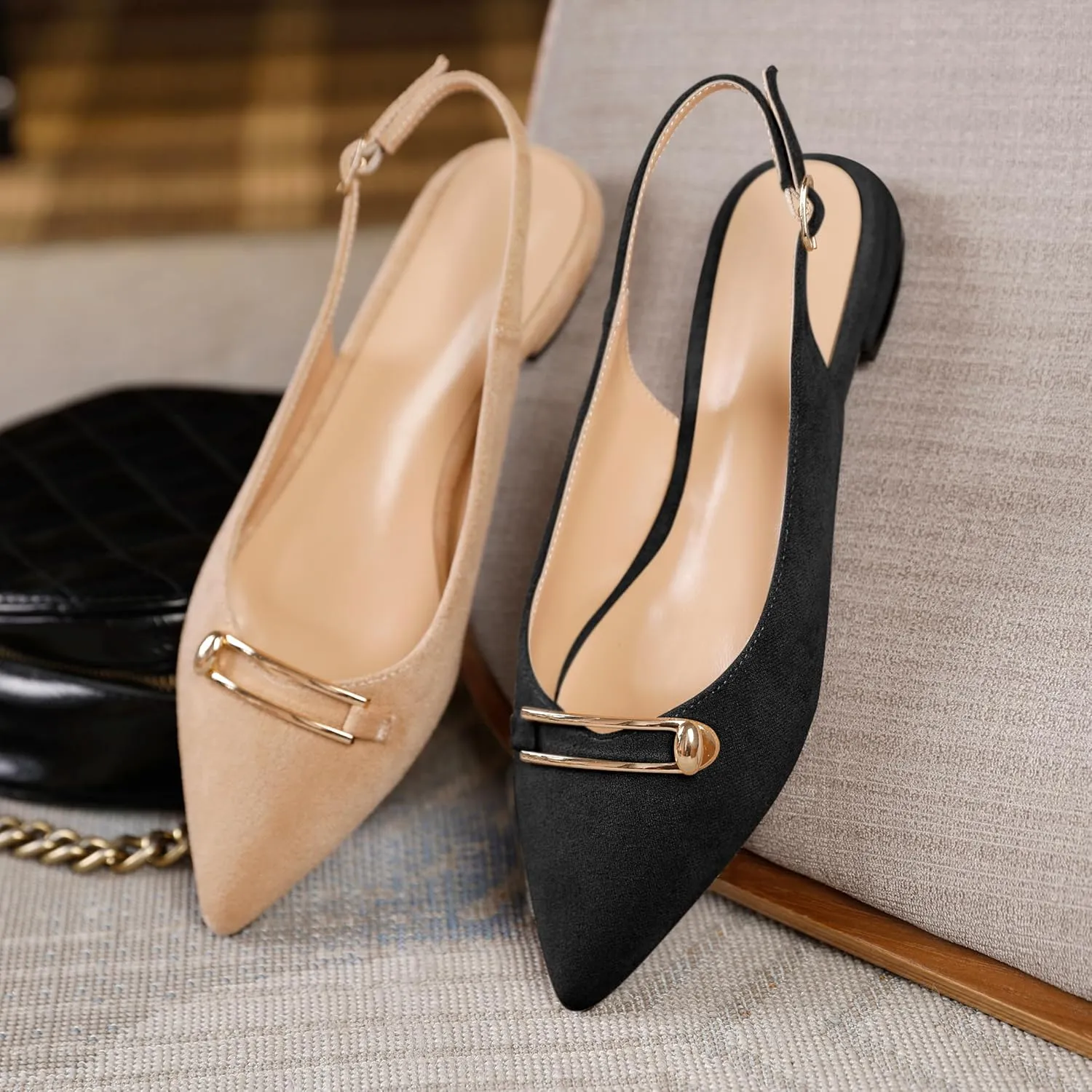 Mettesally Women's Flats Closed Pointed Toe Slingback Heels Comfortable Ballet Flat Low Heel Pumps Dress Shoes for Wedding Party Office