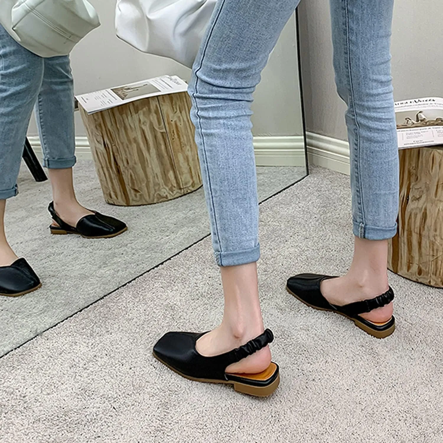 MOOMMO Women's Low Heel Slingback Ballet Flats Comfortable Elastic Ankle Strap Square Toe Loafer Sandals Closed Toe Slip On Mules Elegant Office Summer Casual Leisure Dressy 4-10 M US