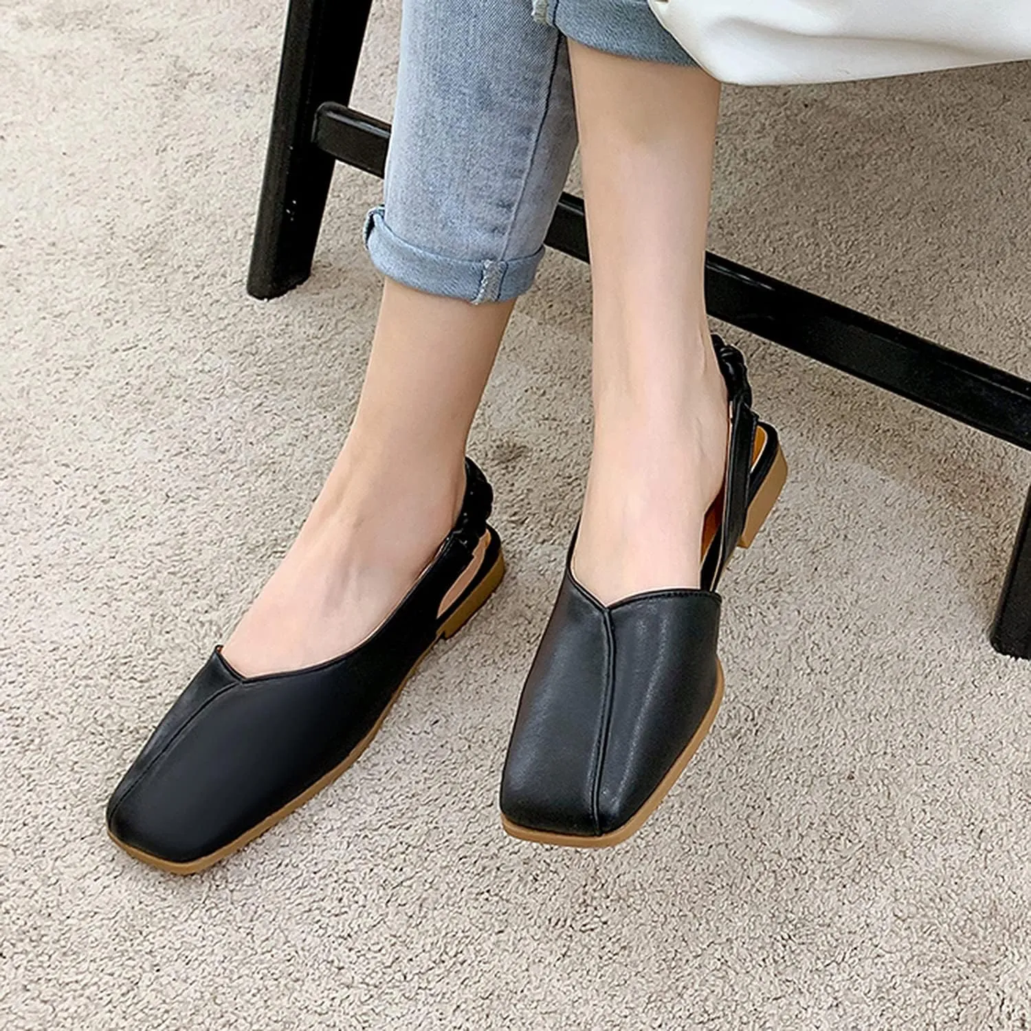 MOOMMO Women's Low Heel Slingback Ballet Flats Comfortable Elastic Ankle Strap Square Toe Loafer Sandals Closed Toe Slip On Mules Elegant Office Summer Casual Leisure Dressy 4-10 M US