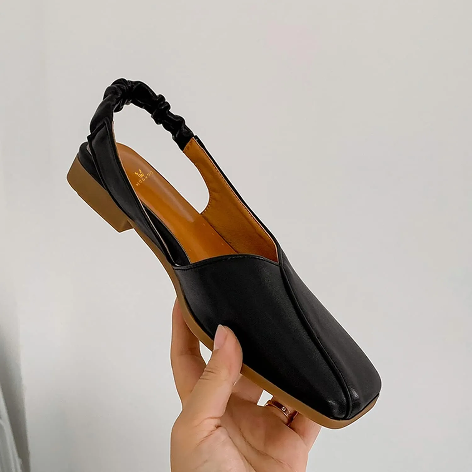 MOOMMO Women's Low Heel Slingback Ballet Flats Comfortable Elastic Ankle Strap Square Toe Loafer Sandals Closed Toe Slip On Mules Elegant Office Summer Casual Leisure Dressy 4-10 M US