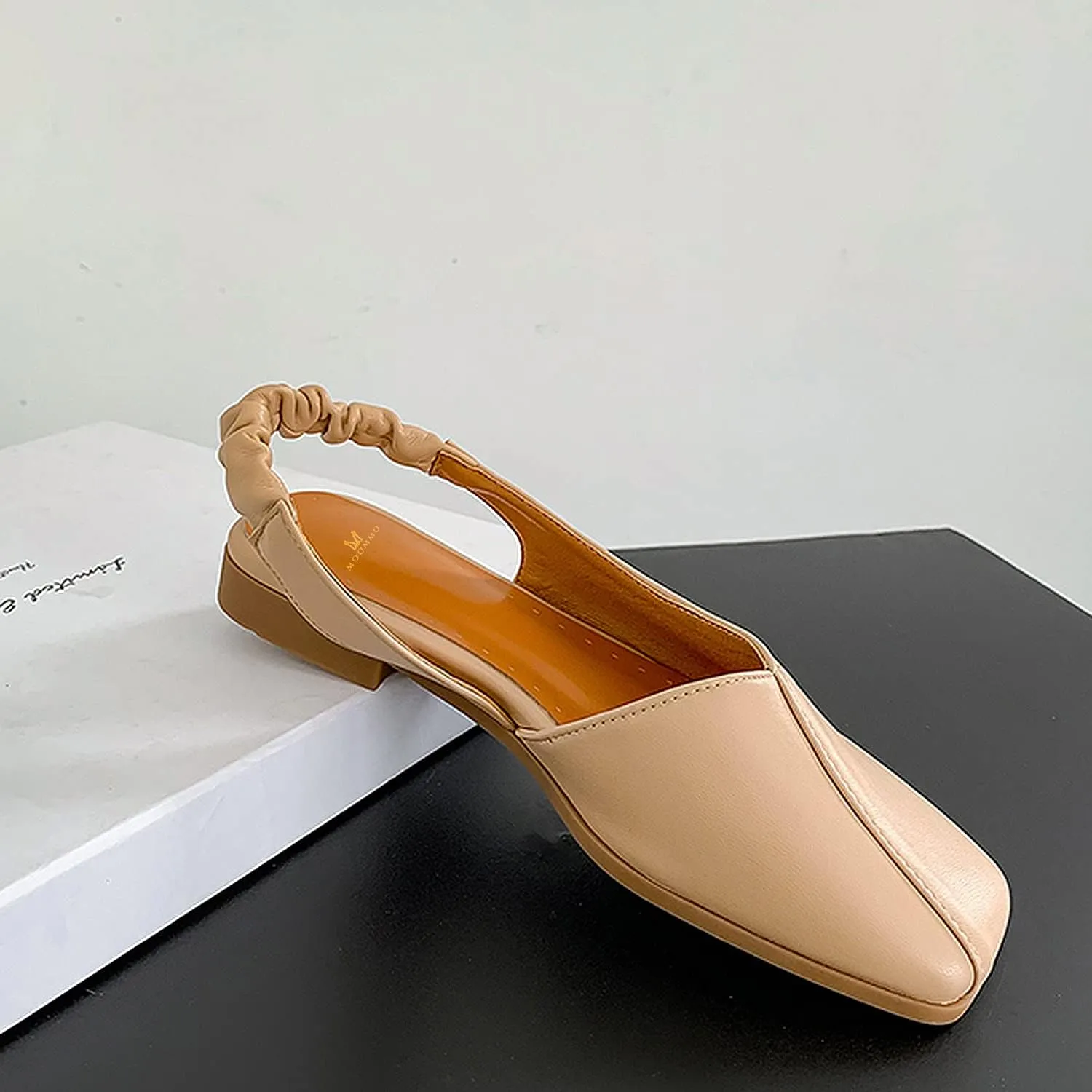 MOOMMO Women's Low Heel Slingback Ballet Flats Comfortable Elastic Ankle Strap Square Toe Loafer Sandals Closed Toe Slip On Mules Elegant Office Summer Casual Leisure Dressy 4-10 M US