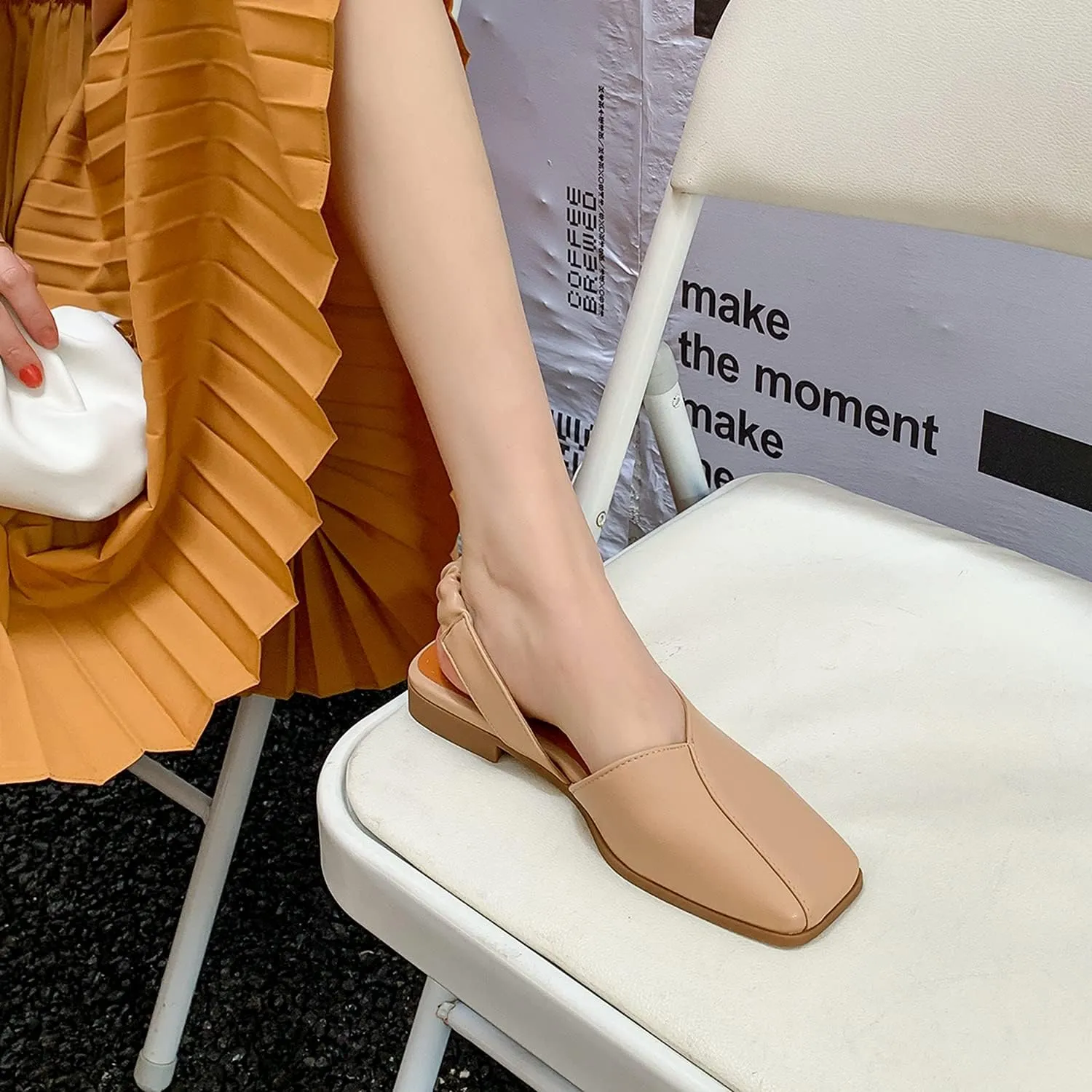 MOOMMO Women's Low Heel Slingback Ballet Flats Comfortable Elastic Ankle Strap Square Toe Loafer Sandals Closed Toe Slip On Mules Elegant Office Summer Casual Leisure Dressy 4-10 M US