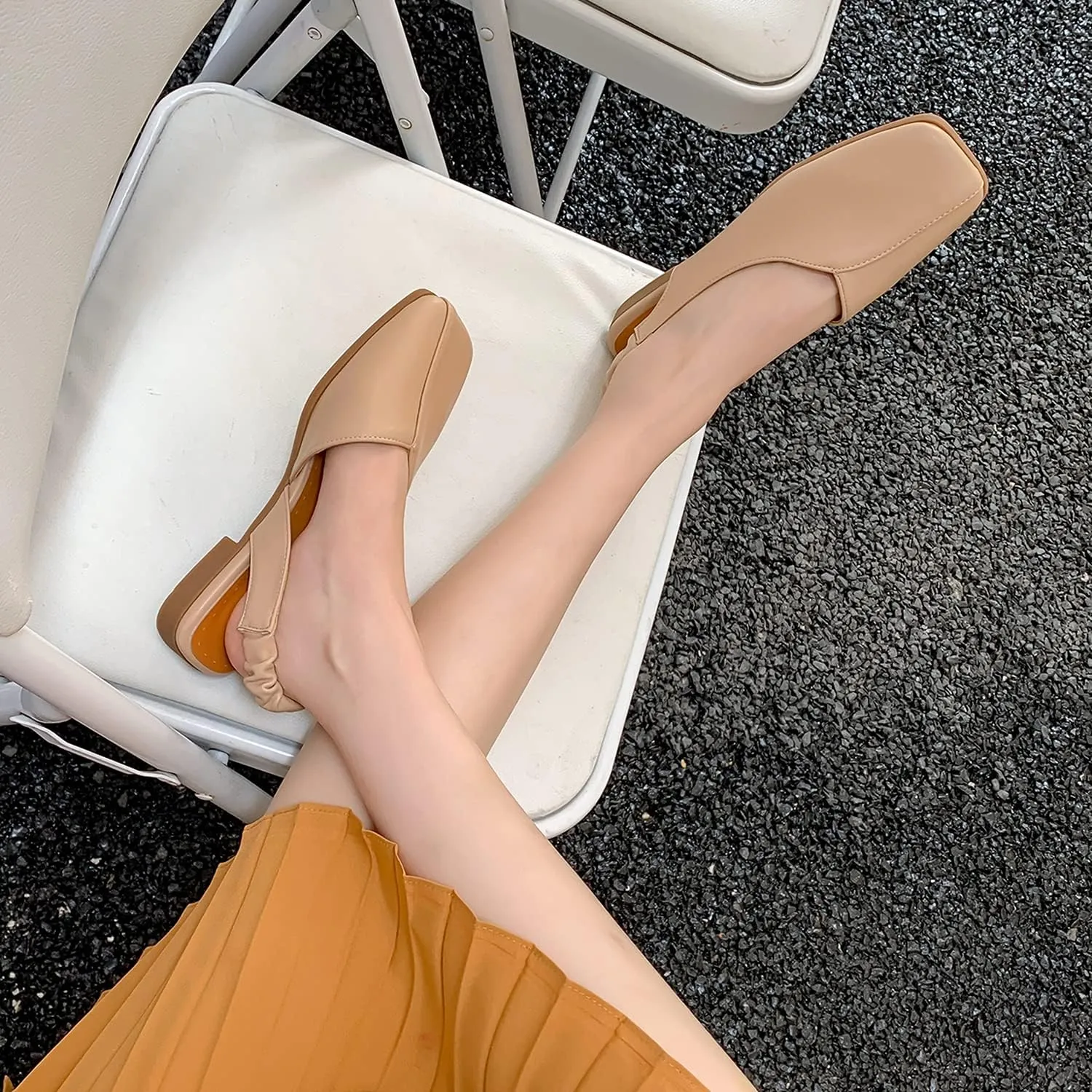 MOOMMO Women's Low Heel Slingback Ballet Flats Comfortable Elastic Ankle Strap Square Toe Loafer Sandals Closed Toe Slip On Mules Elegant Office Summer Casual Leisure Dressy 4-10 M US