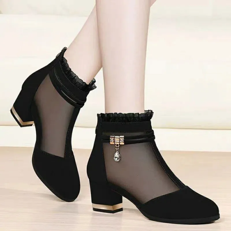 Net Yarn Women'S Shoes High-Heeled Sandals Women Thick Heel Short Tube Women'S Shoes Women'S Shoes New Shoes Women'S Singles