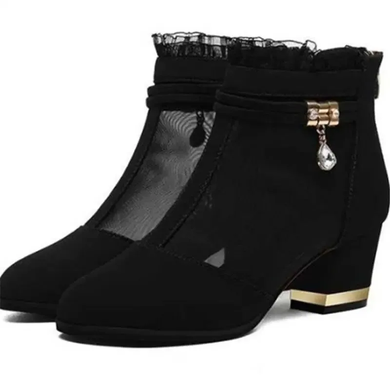 Net Yarn Women'S Shoes High-Heeled Sandals Women Thick Heel Short Tube Women'S Shoes Women'S Shoes New Shoes Women'S Singles