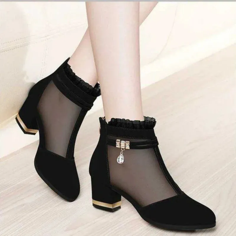 Net Yarn Women'S Shoes High-Heeled Sandals Women Thick Heel Short Tube Women'S Shoes Women'S Shoes New Shoes Women'S Singles