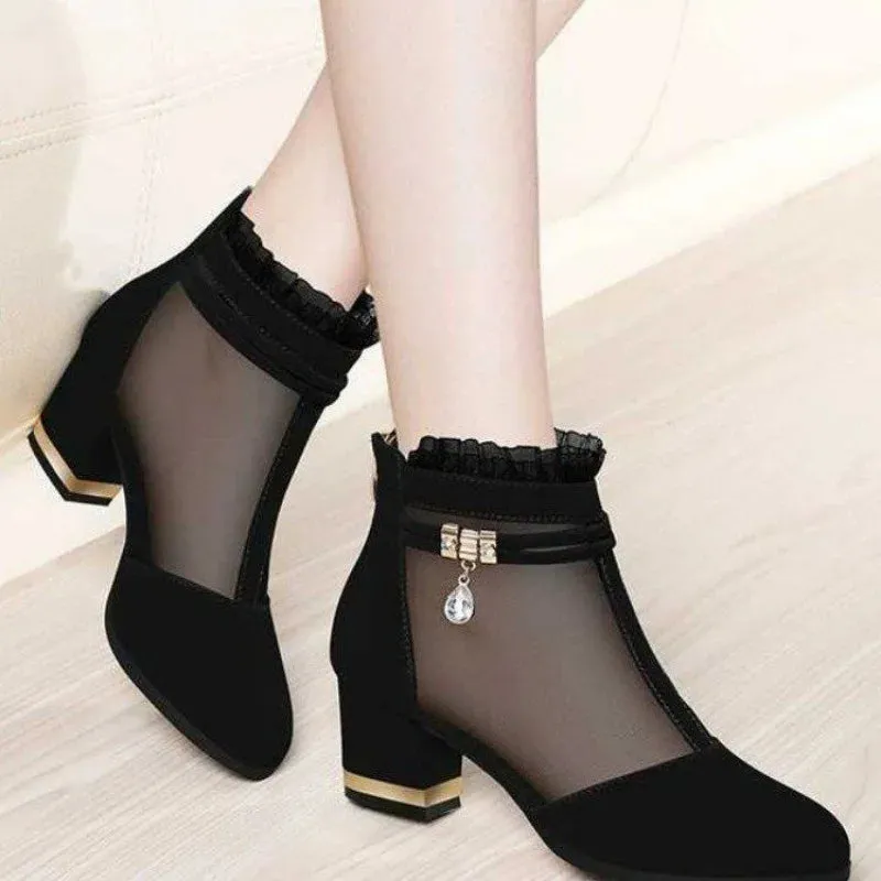 Net Yarn Women'S Shoes High-Heeled Sandals Women Thick Heel Short Tube Women'S Shoes Women'S Shoes New Shoes Women'S Singles
