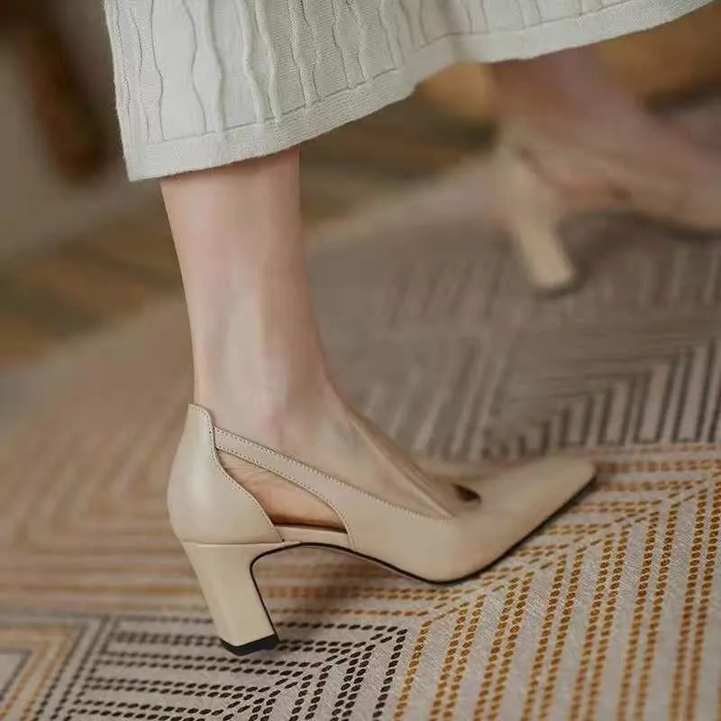 Nude Block Heels Retro Shoes Spring Women's Chunky Heels High Heels