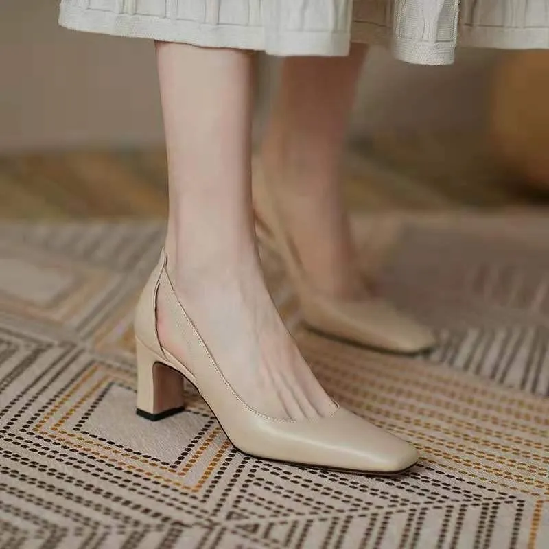 Nude Block Heels Retro Shoes Spring Women's Chunky Heels High Heels