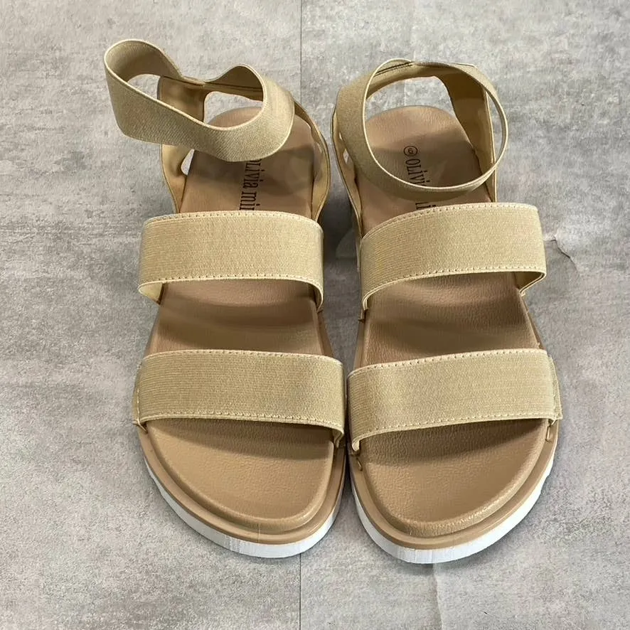 OLIVIA MILLER Women's Tan Nicola Round-Toe Stretchy Straps Slip-On Flat Sandals