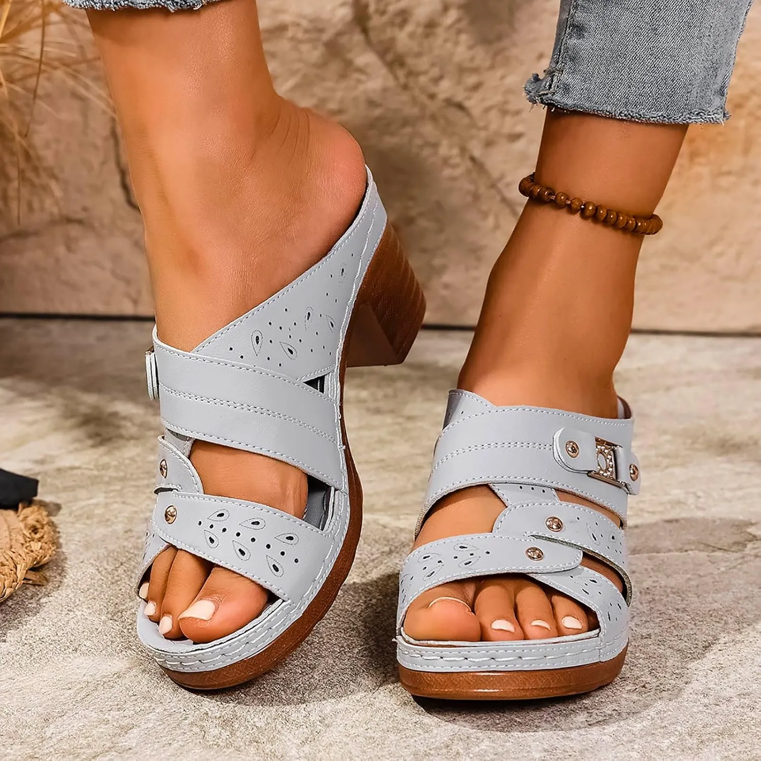 Open Toe Sandals for Women Womens Plus Size Thong Sandals With Metal Belt And High Heel In Solid Color
