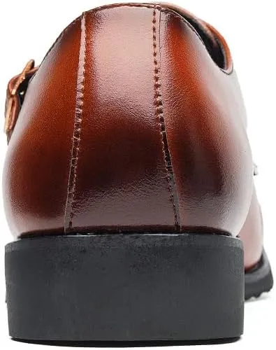 Oxford Dress Shoes for Men Slip On Round Burnished Toe PU Leather Double Monk Strap Cap Toe Rubber Sole Low Top Block Heel Anti-Slip Non Slip Working
