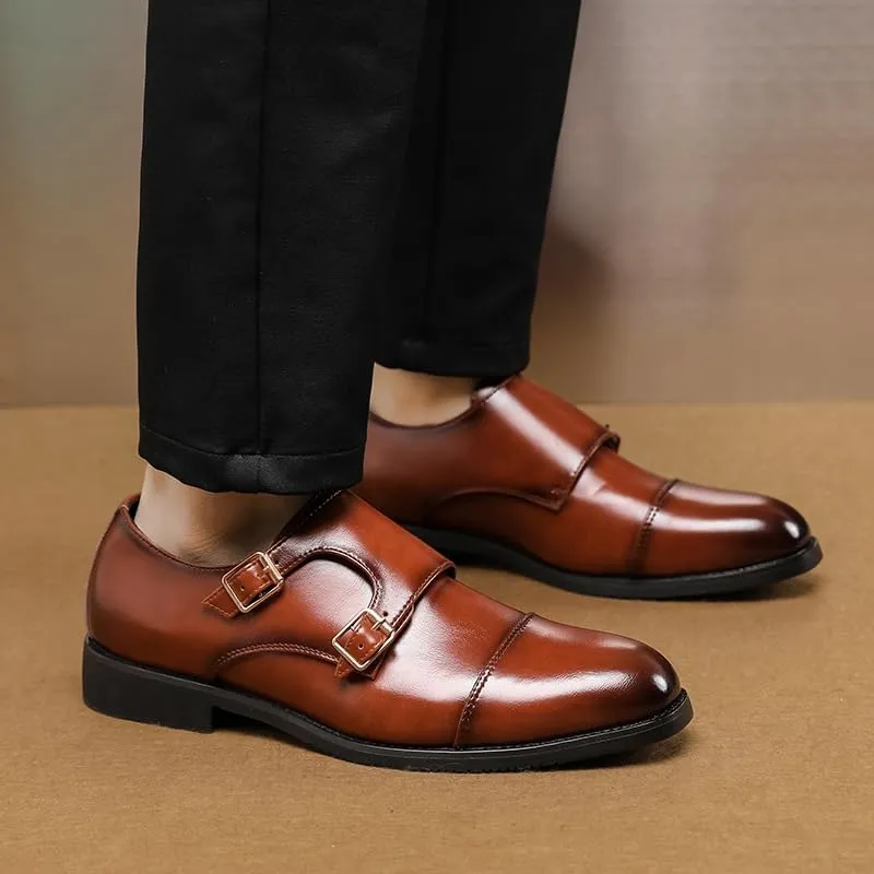 Oxford Dress Shoes for Men Slip On Round Burnished Toe PU Leather Double Monk Strap Cap Toe Rubber Sole Low Top Block Heel Anti-Slip Non Slip Working