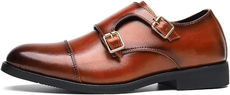 Oxford Dress Shoes for Men Slip On Round Burnished Toe PU Leather Double Monk Strap Cap Toe Rubber Sole Low Top Block Heel Anti-Slip Non Slip Working