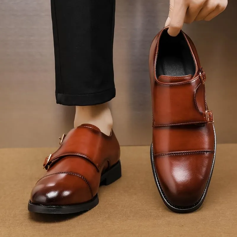 Oxford Dress Shoes for Men Slip On Round Burnished Toe PU Leather Double Monk Strap Cap Toe Rubber Sole Low Top Block Heel Anti-Slip Non Slip Working