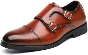 Oxford Dress Shoes for Men Slip On Round Burnished Toe PU Leather Double Monk Strap Cap Toe Rubber Sole Low Top Block Heel Anti-Slip Non Slip Working