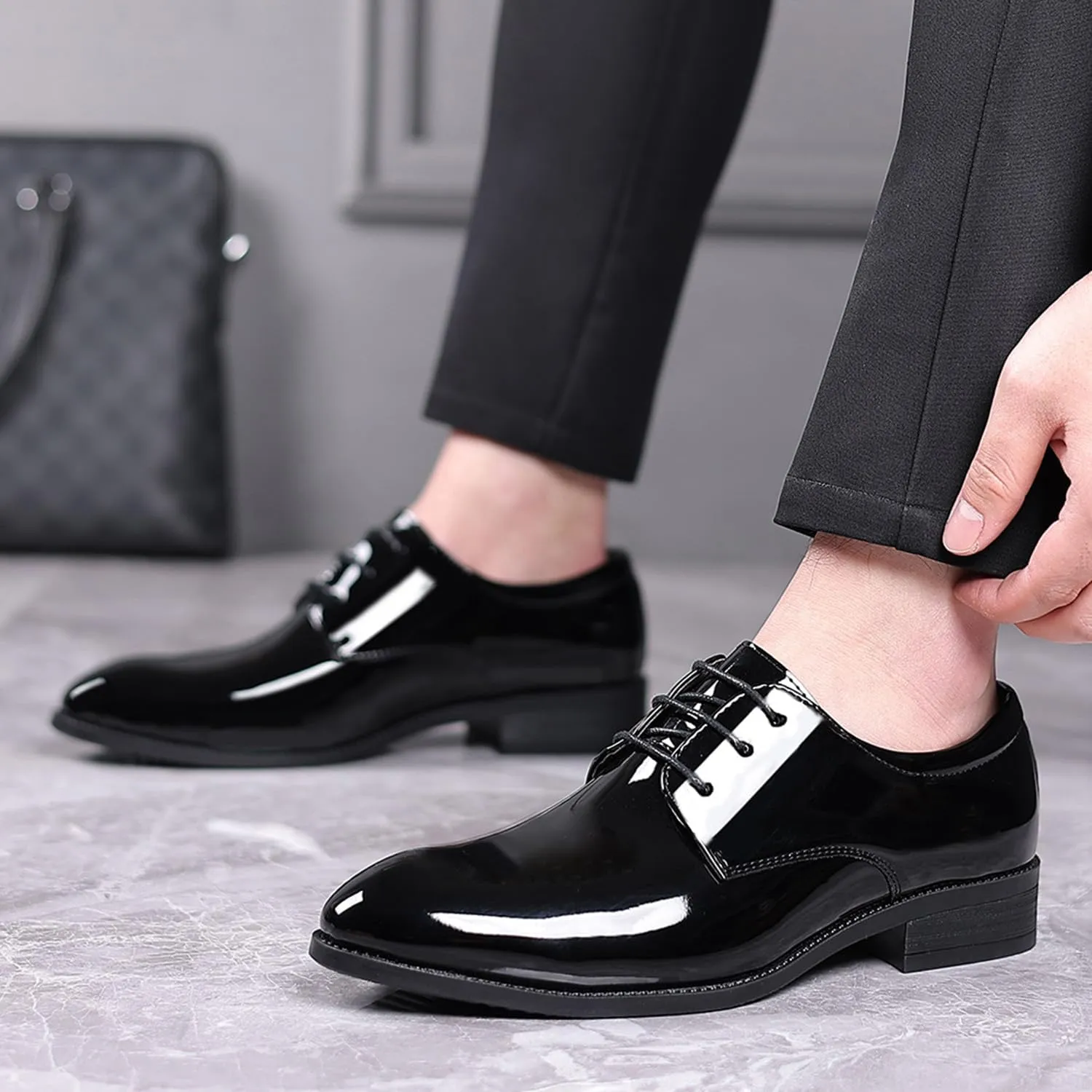 Oxford Shoes for Men Derby Shoes Mens Formal Dress Business Lace Up Shoes Classic Black Patent Leather Shoes
