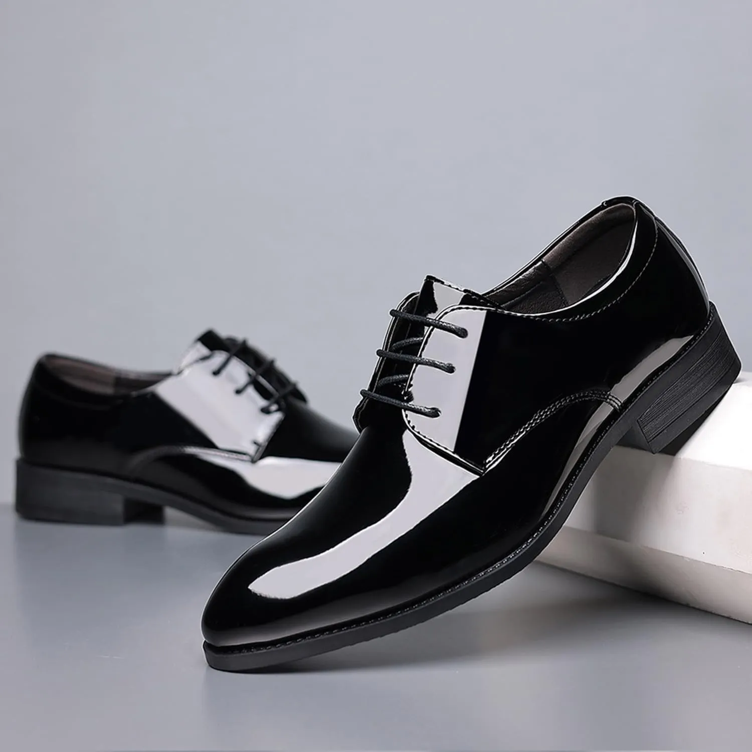 Oxford Shoes for Men Derby Shoes Mens Formal Dress Business Lace Up Shoes Classic Black Patent Leather Shoes